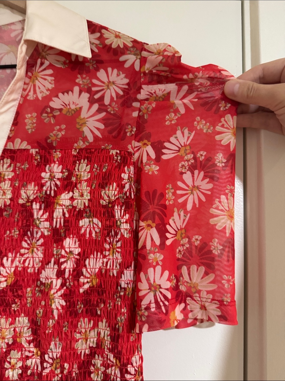 Maeve Red Daisy Smocked Peplum Blouse with Cream Collar - Picture 2 of 7
